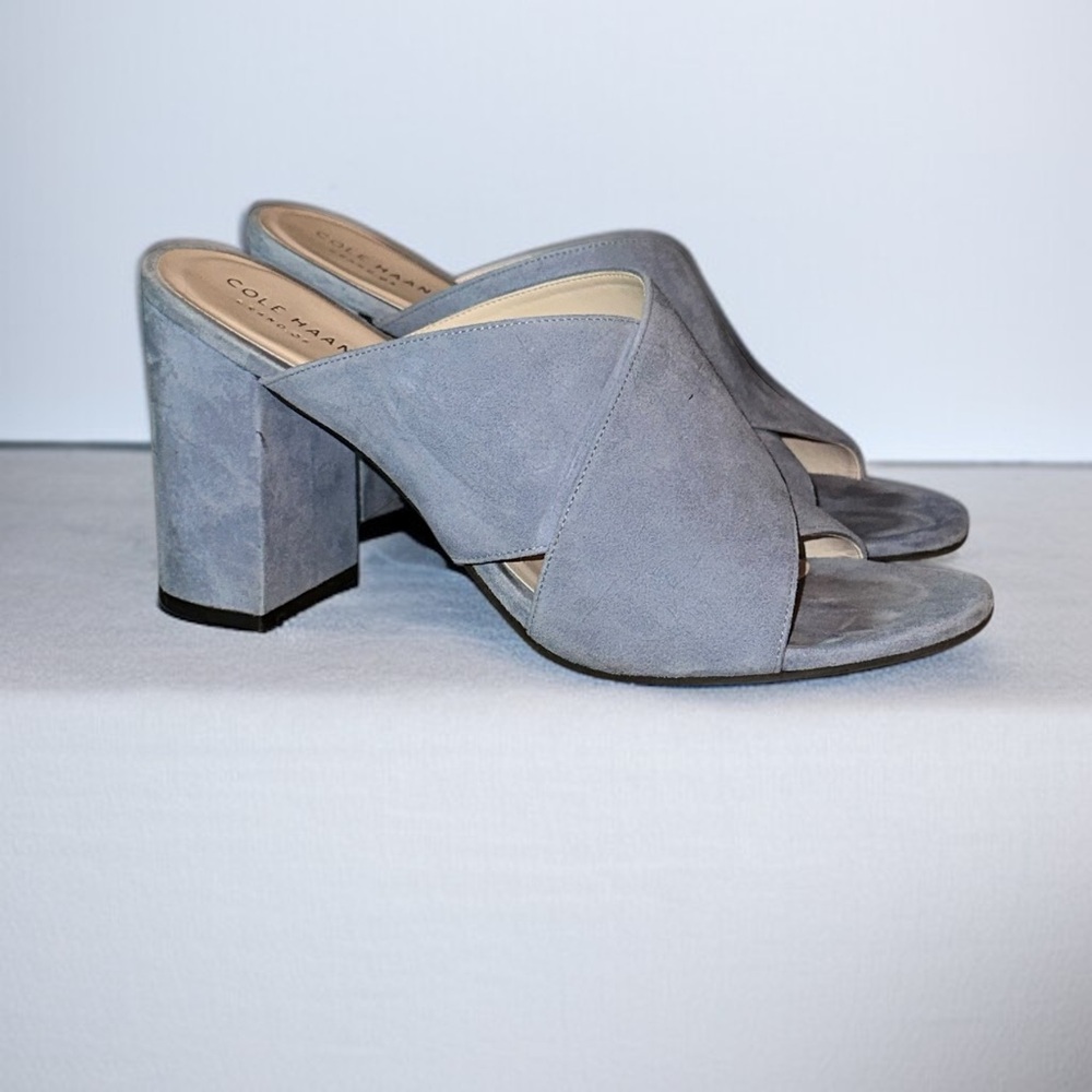 Cole Haan Gabby blue suede criss cross block heel open mule sandals